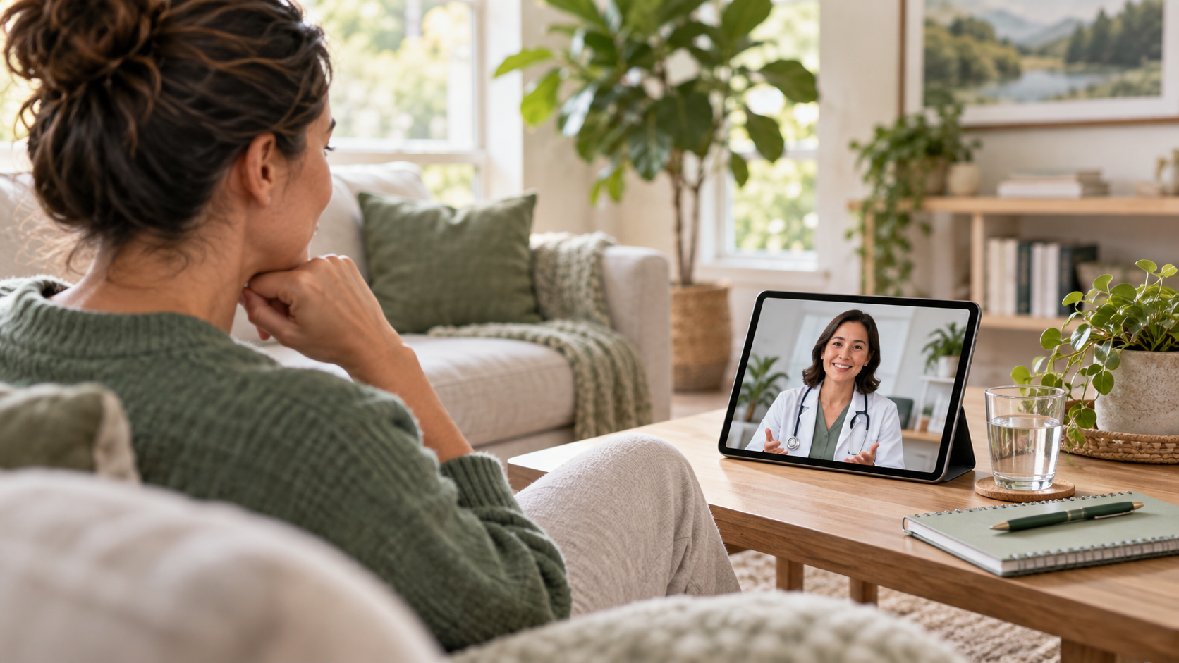 A client receiving supportive medical guidance by video while remaining at home