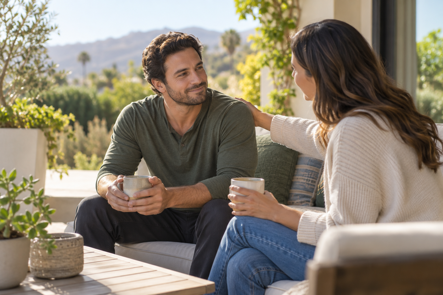 A person receiving warm support from a loved one while beginning recovery at home