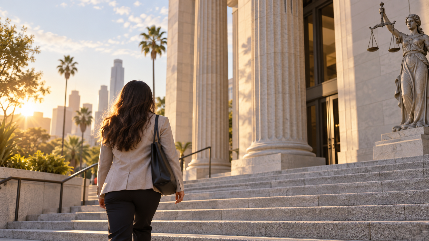 A person approaching courthouse steps in Los Angeles, representing a hopeful path through the legal system