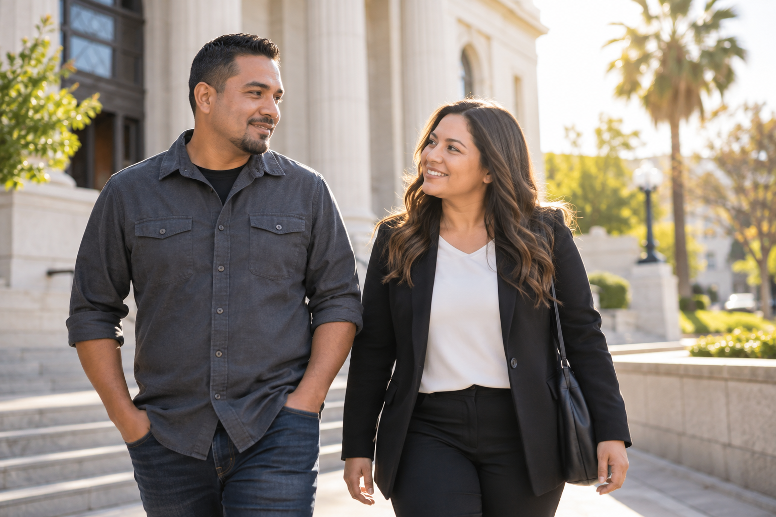 A client and treatment advocate walking forward together after a courthouse-related appointment