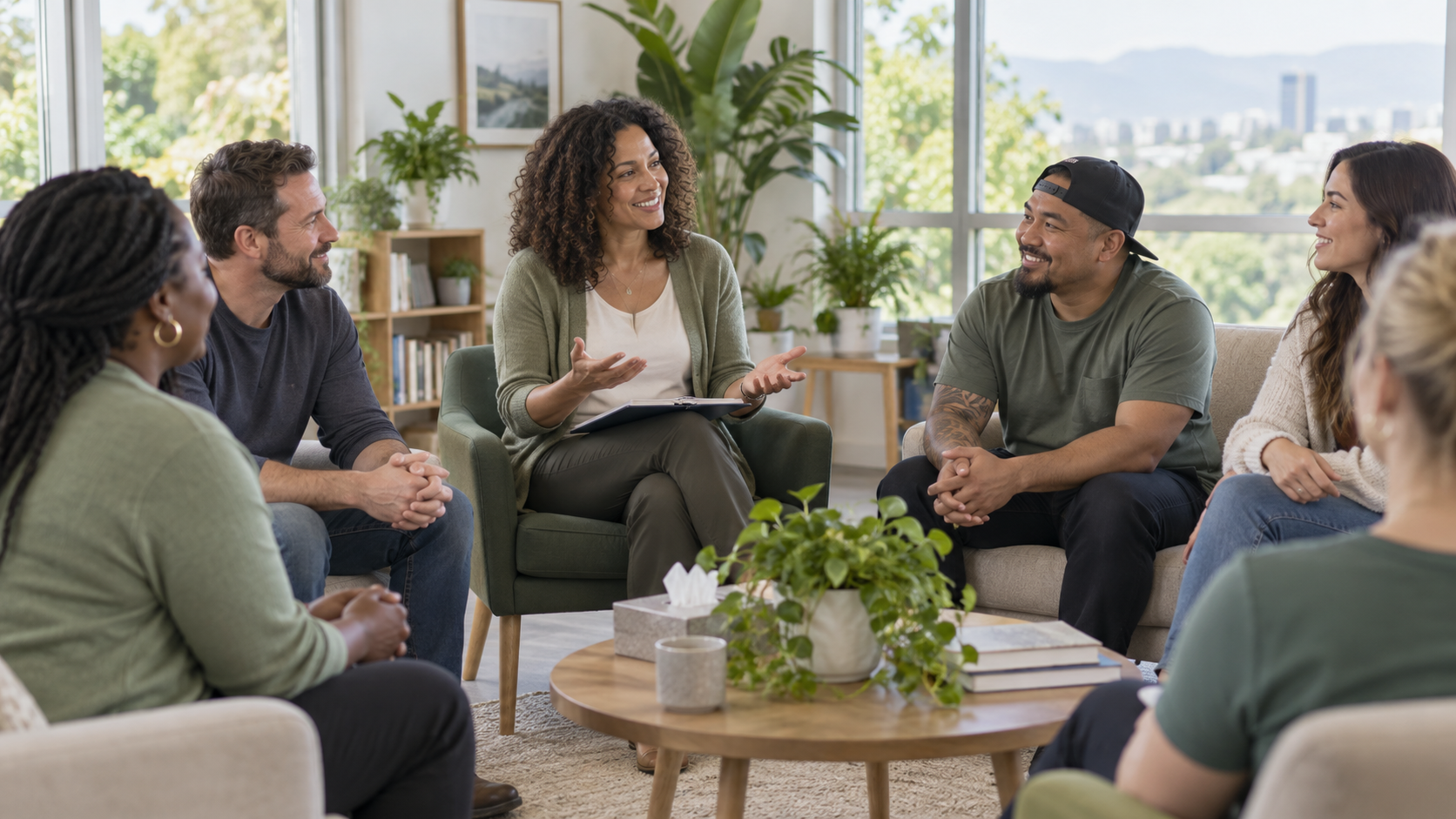 Adults participating in a supportive intensive outpatient group session