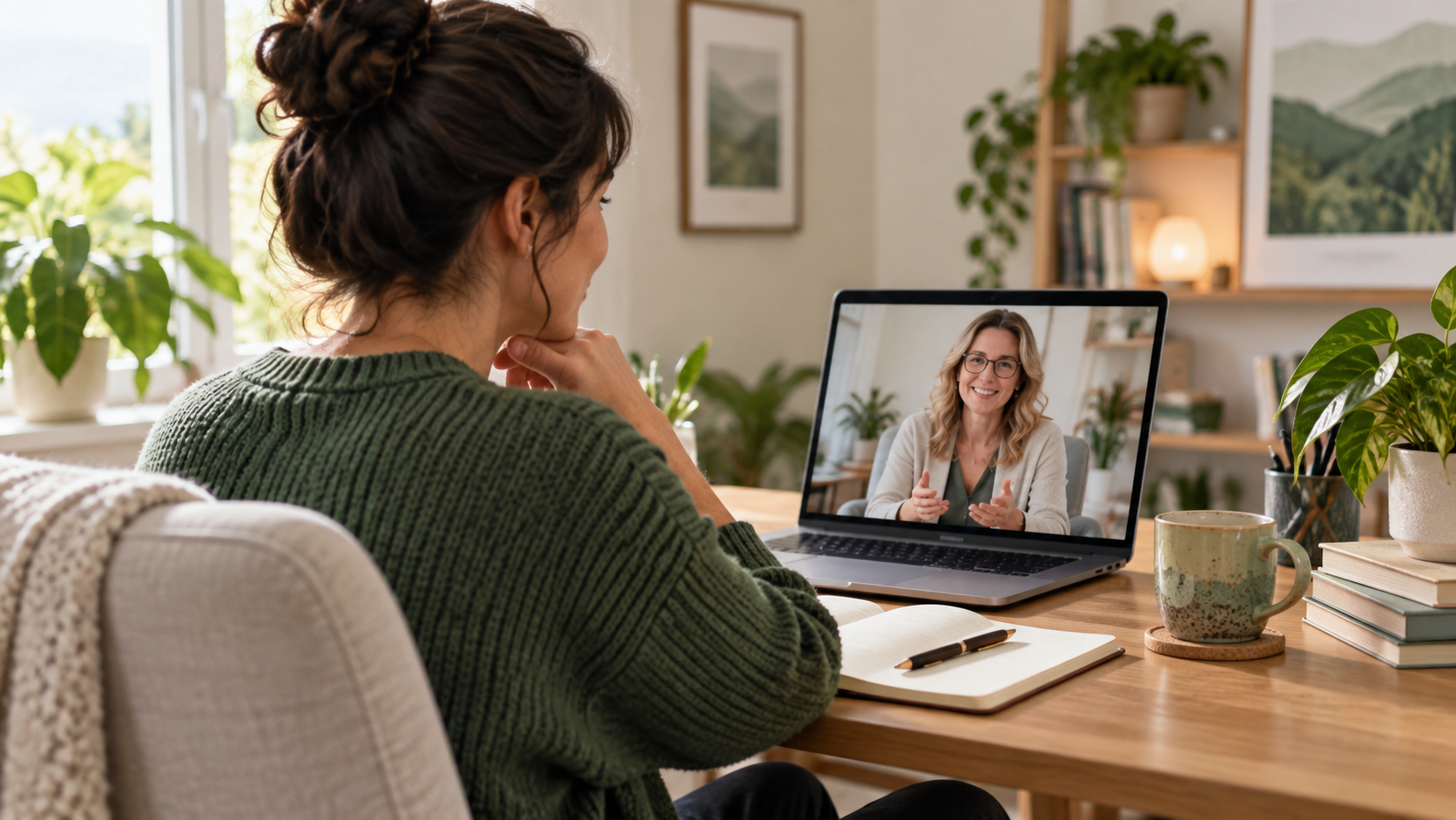 A client participating in a private telehealth therapy session from home